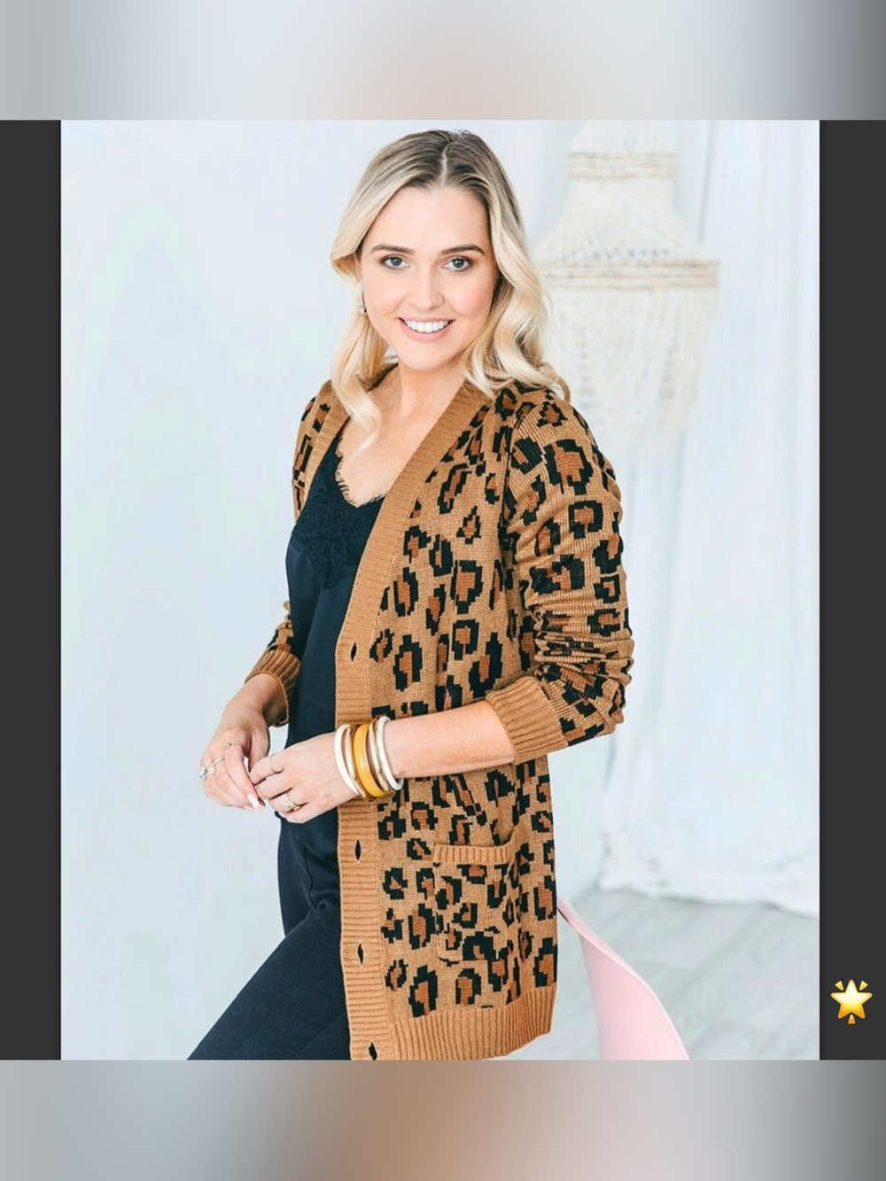 SZ10 BEAU HUDSON CHUNKY KNIT LEOPARD CARDIGAN BLACK BROWN LEOPARD ANIMAL PRINT